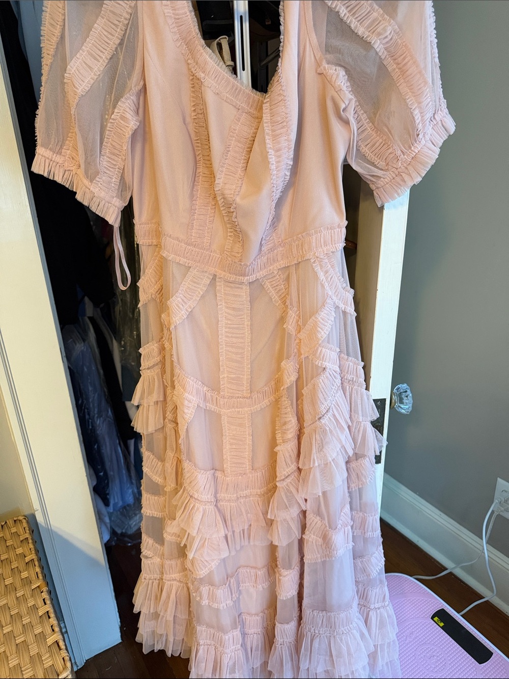 Mac Duggal Pale Pink Ruffle Tiered Midi Dress